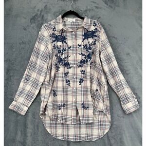 BD Collection Shirt Womens Size XL Plaid Embroidered Floral Embroidered Boho